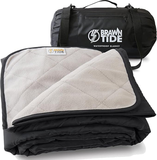 BRAWNTIDE Large Outdoor Waterproof Blanket - Quilted, Extra Thick Fleece, Warm, Windproof, Sandproof, Includes Stuff Sack, Shoulder Strap, Ideal for Beaches, Picnics, Camping, Stadiums, Dogs, Car