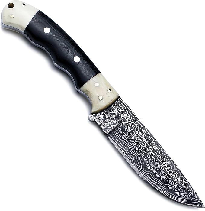 Handmade Damascus Steel Fixed Blade Bowie Knife for EDC,Hunting,Survival,Camping,Bushcraft,and Fishing with Drop Point Full Tang Bone Handle with Cowhide-Leather Sheath - WKD-783