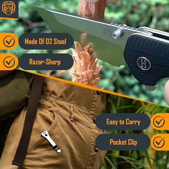 Holtzman's Gorilla Survival 'Pioneer' Folding Knife featuring D2 Steel Blade with G10 Handle in Gift Box Set (Silver)