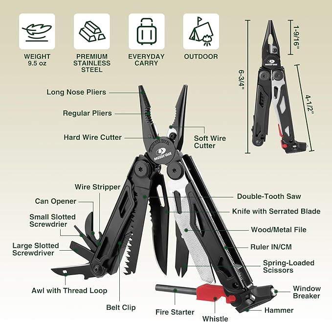 MOSSY OAK Multitool, 19-in-1 Stainless Steel Multi Tool Pliers, Survival Tools with Fire Starter, Window Breaker, Whistler, Self-locking EDC Gear with Sheath for Outdoor, Survival, Camping, Hiking