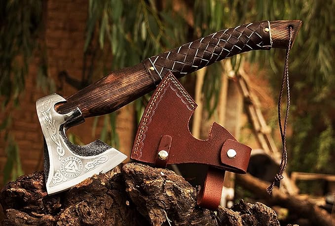 Hand Forged Etched Viking Axe – 20” inches Ash Wood Handle Camping Axe with Leather Sheath – High Carbon Steel Hatchets and Axes, Wood Splitting Axe, Throwing Axes - Gift for HIM (Valknut Axe)