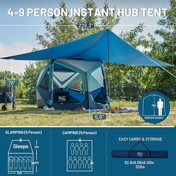 TIMBER RIDGE 4/6/8 Person Instant Pop Up Cabin Tent, Easy 60 Second Setup, Weather Resistant Camping Family Hub Tent with Rain Fly and Carry Bag for Camping Hiking Outdoor Travel