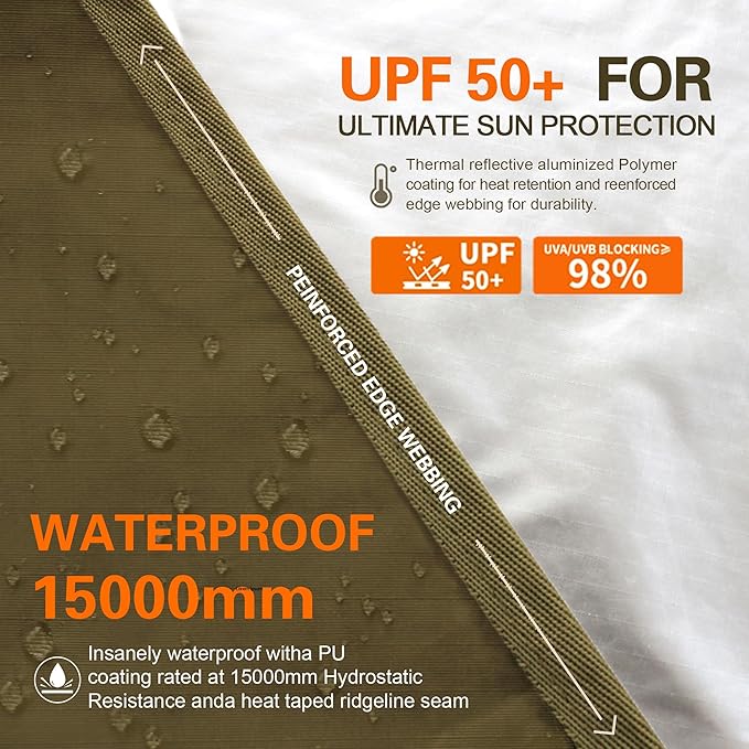 GOLDCAMP Waterproof Camping Tarp,70D Nylon 10''X10'' Hammock Rain Fly ,UV 50+ and PU15000mm Tent Tarp Shelter Canopy,Heavy Duty Multifunctional Sun Shade or Rain Fly Essentials for Hiking Backpacking