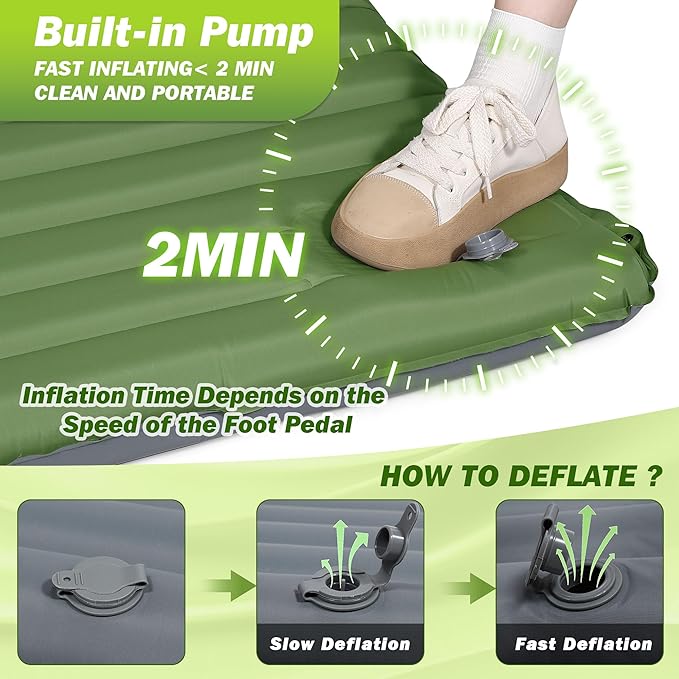 OUTSKIRT Inflatable Sleeping Pad with Built-in Foot Pump, Extra Thickness, Lightweight & Ultra-Comfort Sleeping Mat with Pillow for Camping, Hiking, Backpacking, Traveling, Tent, Green