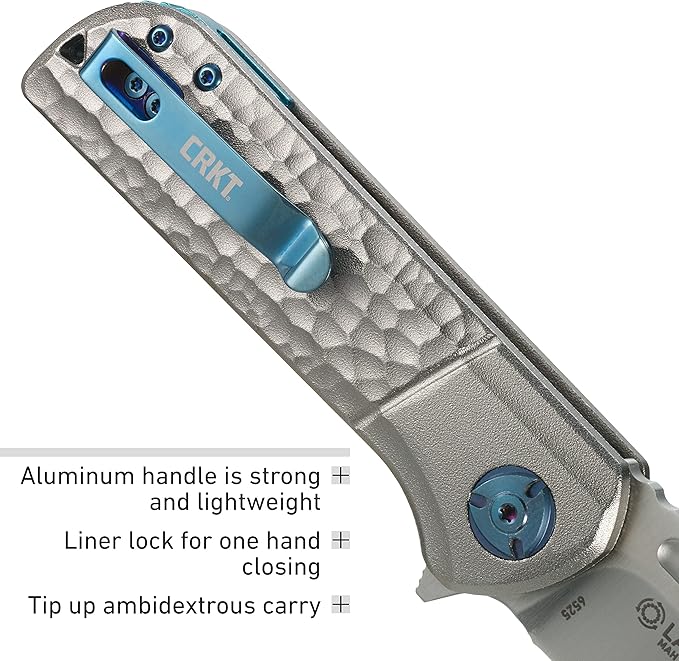 CRKT Lanny EDC Folding Pocket Knife: Assisted Opening Everyday Carry, Satin Blade, Flipper , Liner Lock, Hammered Aluminum Handle, Reversable Pocket Clip 6525