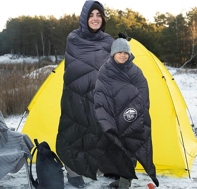 Luxurious Ultralight Down Camping Blanket | Perfect for Backpacking | Packable Puffy Outdoor Quilt with Hood & Pad Straps | Ideal for Travel Camping & Soccer Moms | 80x54 Black