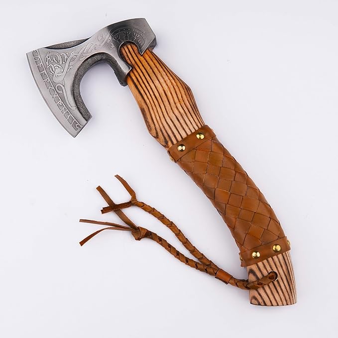 H&A CRAFTS® Viking Axe The Ragnar Lothbrok Real, and Custom Crafted with Leather Sheath Carbon Steel Camping Hatchet Personalized Gifts for Men (Runes Viking Axe)