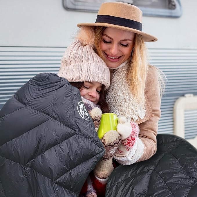 Luxurious Ultralight Down Camping Blanket | Perfect for Backpacking | Packable Puffy Outdoor Quilt with Hood & Pad Straps | Ideal for Travel Camping & Soccer Moms | 80x54 Black