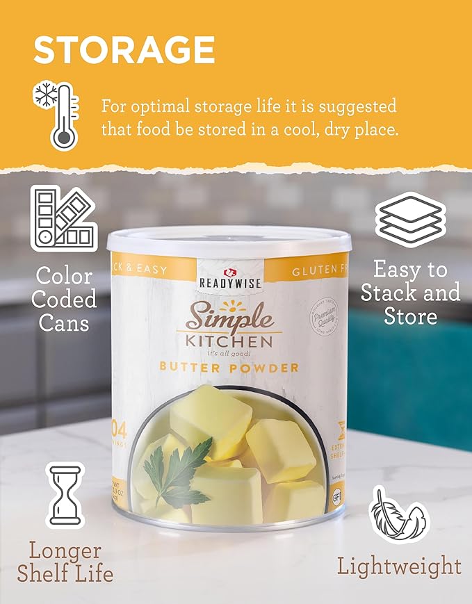 READYWISE - Simple Kitchen, Butter Powder, 204 Servings, Long Term Food Supply, Canned Butter, Baking Supplies, Survival Food, Camping Meals, 10 Can Powdered Butter, Dry Butter for Pantry