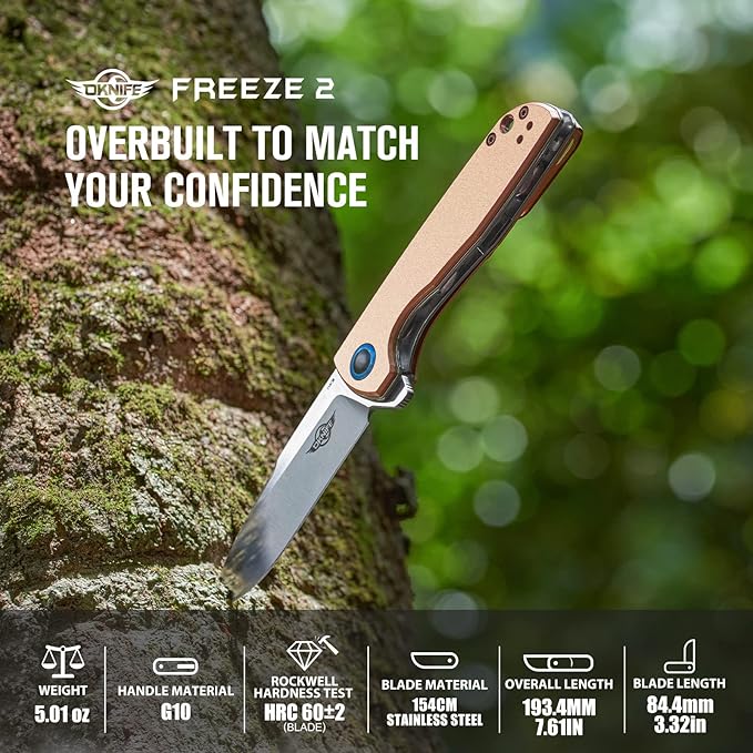 OKNIFE Freeze 2 Folding Knife, EDC Pocket Knife with Copper Handle, 154CM Steel Blade and Ceramic Ball-Bearing Washer for Camping, Hiking