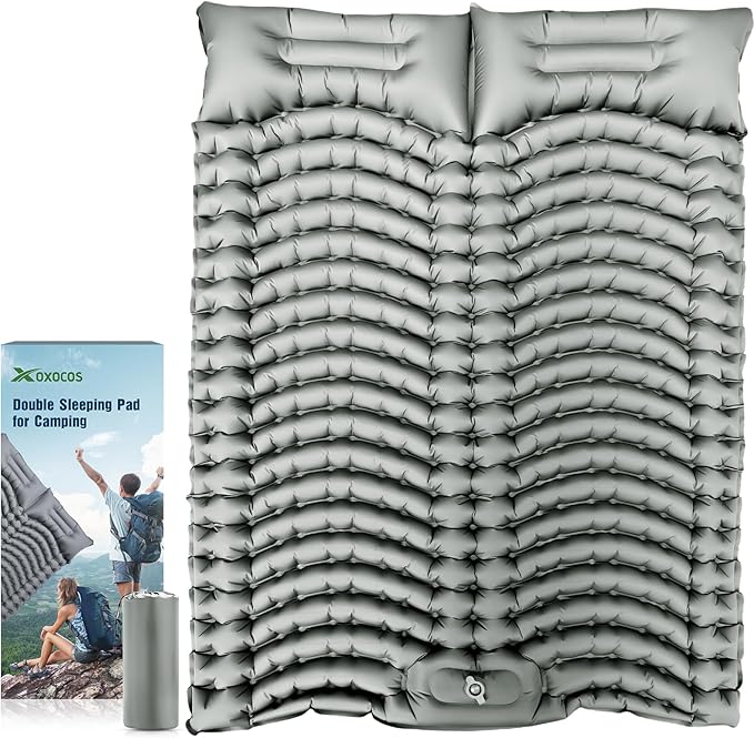Double Sleeping Pad Extra Thick,Self Inflating Camping Mattress 2 Person with Pillow Built-in Foot Pump Reinforced Support Structure Inflatable Sleeping Mat Portable for Home Tent Backpacking Hiking