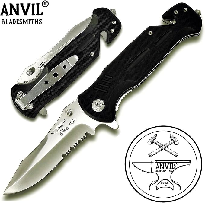 BULLSHARK G-10 8CR13 Folding Pocket Knife w/Glass Breaker and Seatbelt Paracord Cutter - Serrated Blade Silver Assisted Open (SERRATED SATIN ASSISTED, 1)
