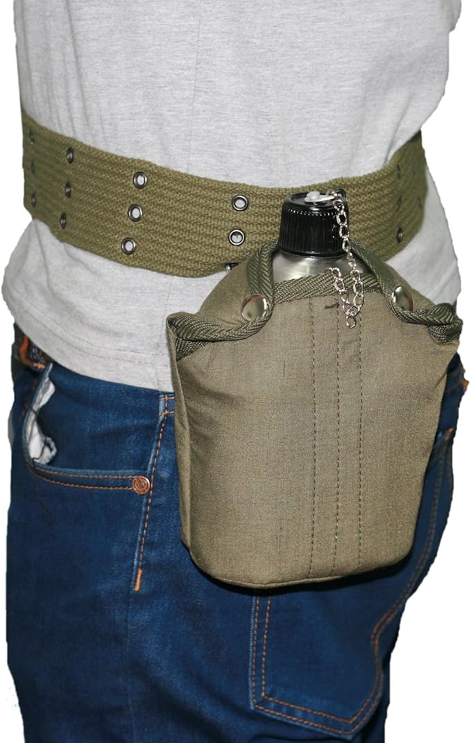 G.I. Army Stainless Steel Canteen Military with Cup and Green Nylon Cover Waist Belt for Camping Hiking Climbing (Cup with Foldable Butterfly Handle)