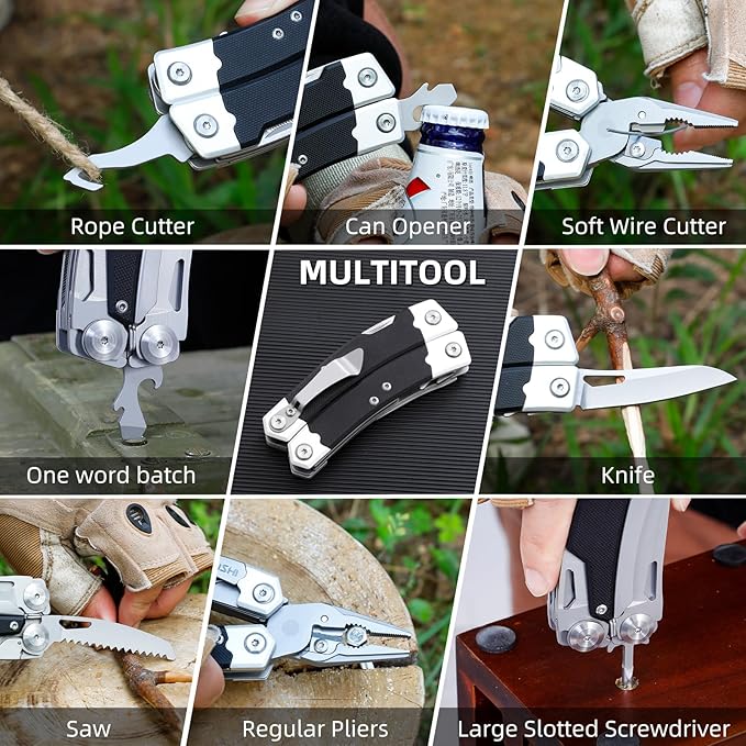 G10 Handle Multitool Pliers with YG10 Tungsten Steel Replaceable Wire Cutters 12 in 1 Multi Tool Pocket Knife with Safety Lock,Saw,Bottel Opener for Camping,Survival with Nylon Sheath (black)