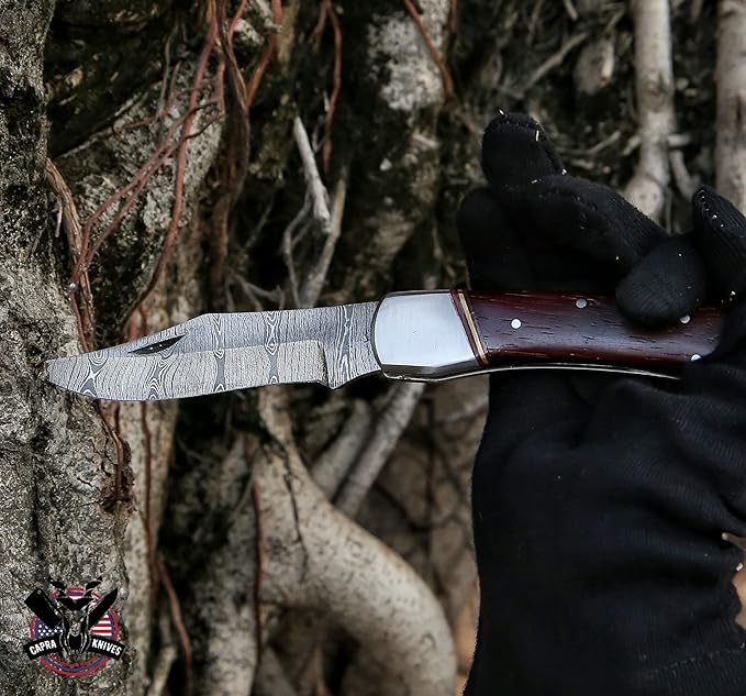 Capra Knives CK-41 Handcrafted Folding Pocket Knife 5” Folded, 9” Long Overall, 8oz Padauk Wood Handle, Damascus Blade with Leather Sheath