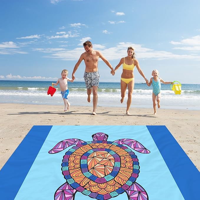 Beach Blanket Sandproof Waterproof, Bohemian Turtle Large Beach Mat Oversized for 2-4 Person, Compact Sand Free Quick Dry Polyester Outdoor Picnic Blanket for Travel, Camping, Hiking