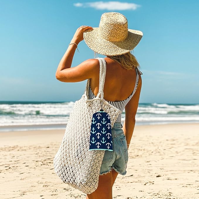 Nautical Beach Blanket Sandproof, Foldable Waterproof Sand Free Beach Picnic Mat, 78''×86'' Large Compact Portable Ocean Themed Outdoor Pocket Blanket With 4 Stakes for Travel, Camping - Navy Anchors