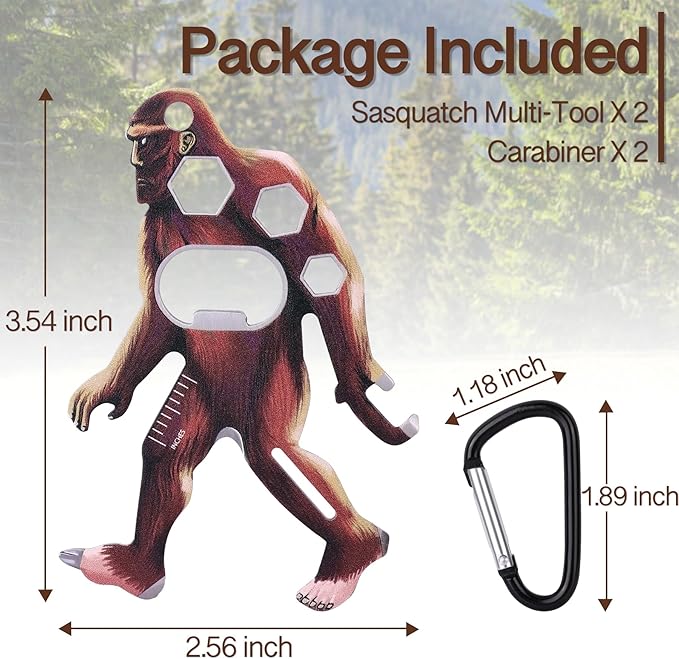 Sasquatch Multi-Tool, Tool-a-Long Stainless Steel Compact Tool with Carabiner for Camping, Hiking, Fishing, Kayaking, Travel and Outdoor Survival. (2 Pack)