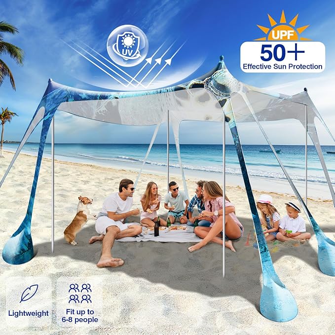 Rhino Valley Beach Tent Sun Shelter, Beach Canopy Tent Sun Shade UPF50+ Protection with 8 Sandbags 4 Stability Poles, Outdoor Beach Shade Canopy for Beach, Camping, Fishing
