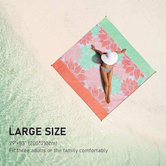 Beach Blanket Sandproof Extra Large Beach Mat Adults Waterproof Quick Drying Sand Free Mat Made by Premium Polyester with 4 Stakes & 4 Corner Pockets for Outdoor Travel Camping Hiking
