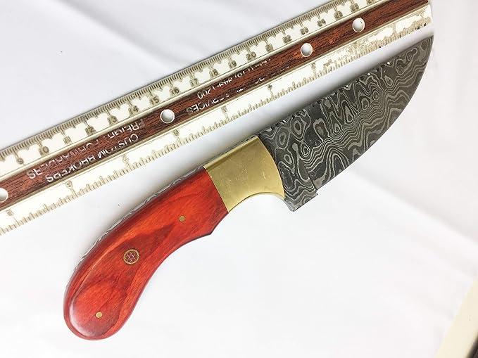 9.5" Long Full Tang Blade Skinning Knife, Rain Drop Pattern Straight Back Hand Forged Damascus Steel, Walnut Wood Scale with Brass Bolster, Cow Leather Sheath (Red)