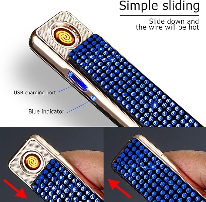 Rhinestone Lighter Electric Lighter Rechargeable Bling Glitter USB Lighter Flameless Girls Lighter for Women (Blue)