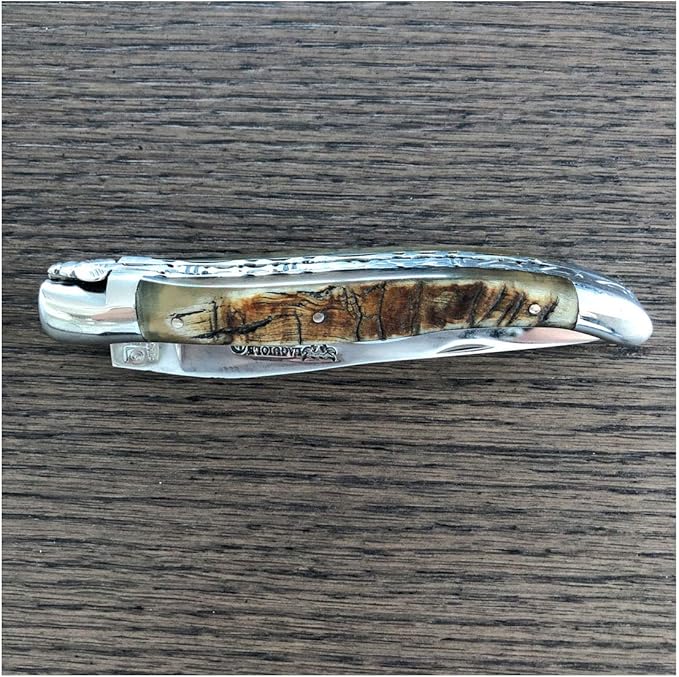 Laguiole en Aubrac Handmade Luxury Double Plated Folding Knife, 4.8-in (12cm), Ram Crust Handle Forged Bee, Stainless Steel Shiny Bolsters