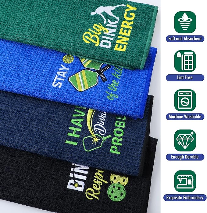 Hosuly 4 Pieces Funny Dinkball Towels Microfiber Cotton Athletic Towels with Clip Embroidered Towel Gift for Men Women Dinkball Lovers(Men,Stylish)