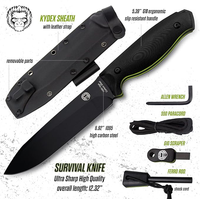 Holtzman's Gorilla Survival 'Fireline' Fixed Blade Hunting Knife with Sheath, Fire Starter Scraper & Paracord (Green)
