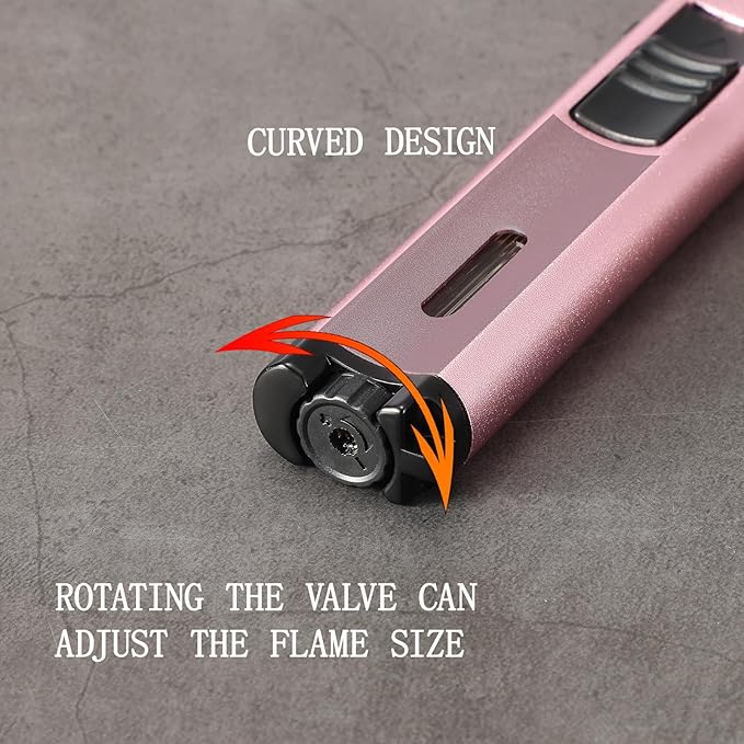 5.7in Butane Torch Lighter with Flame Locking & Safety Switch Function, Adjustable Double Jet Flame Long Stick Lighter, Refillable Windproof Pen Lighter. Rose Gold(Sold Without Gas)