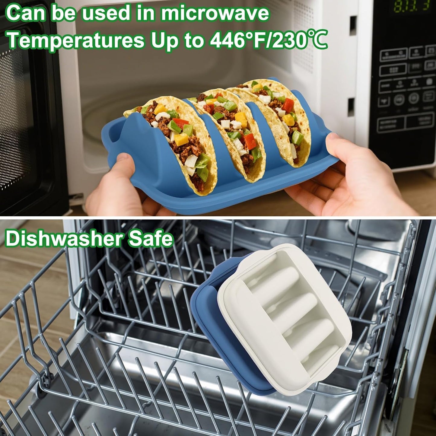 Juome Upgraded Silicone Taco Holder 2 Packs - Reusable Taco Plates with Dividers, Taco Rack Holders Stand for Hard/Soft Taco Shell Holder, Taco Party Serving Tray Plates, Dishwasher & Microwave Safe