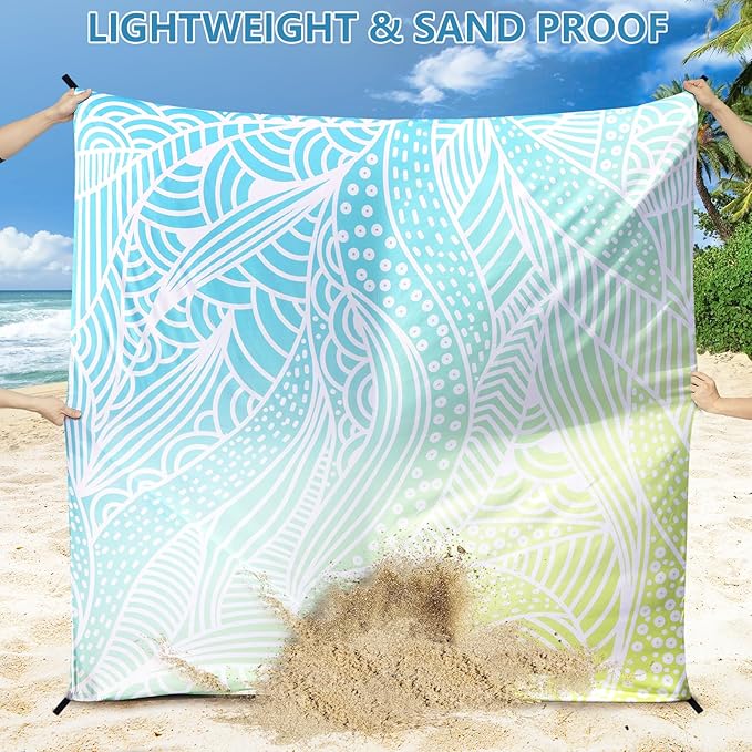 Beach Blanket Waterproof Sandproof Beach Mat for 1-8 Adults Quick Drying Durable Outdoor Picnic Mat for Beach Festival Travel Camping Hiking (Gradiant BL&GN-Ripple, 79"×108"(6 Person))