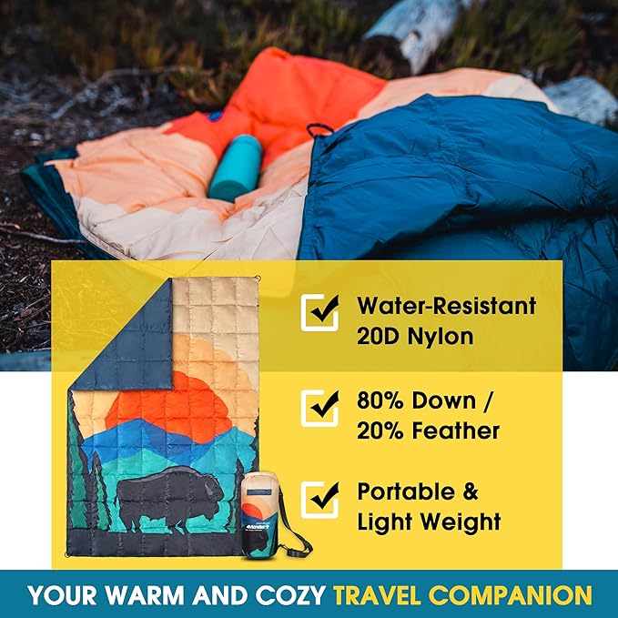 4Monster Down Camping Blanket - Outdoor Travel Quilt Puffy 650 Fill, Packable, Lightweight,Wind & Waterproof | Ideal for Stadium, Backpacking,Picnics, Beach and Hiking