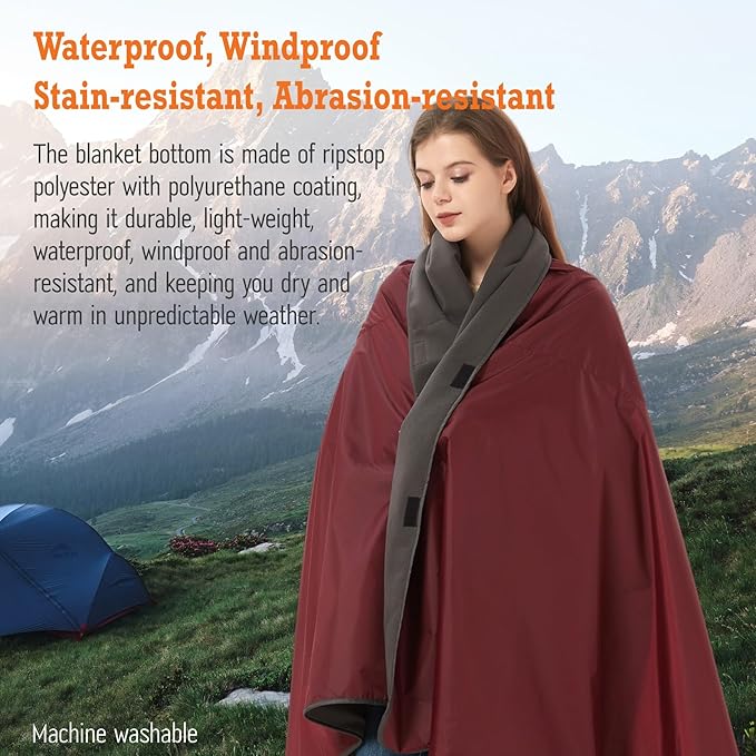 Updated Stadium Blanket for Cold Weather, 4-in-1 Waterproof Large Outdoor Blanket. Warm, Windproof, Portable, Great for Sports Events, Camping, Hiking, Picnic - 82x55in., Antique Ruby