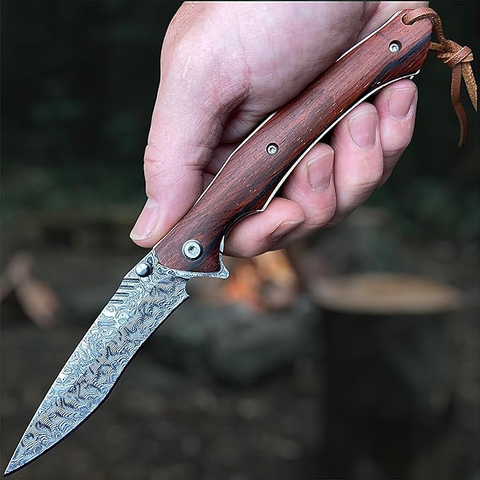 TACTICAL GEARZ EDC Damascus Steel Pocket Folding Knife, Natural Rosewood Handle, 107 Layered VG10 Damascus Steel Blade! (Kanui Beast Bundle)