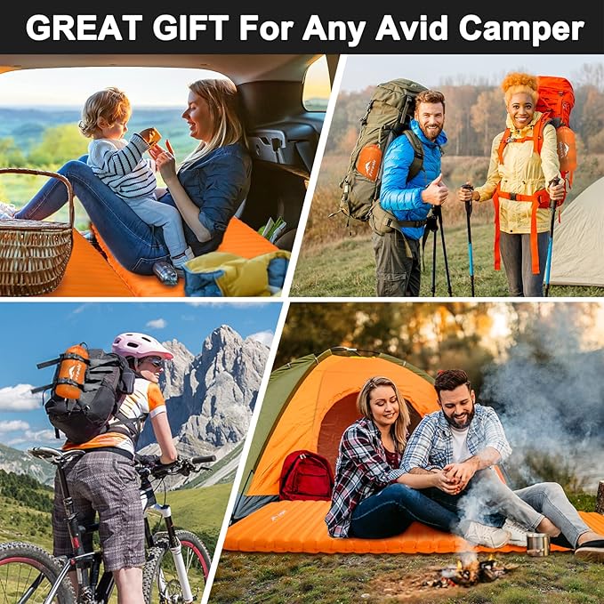 Sleeping Pad for Camping - Ultralight Inflatable Sleeping Mat for Camping Backpacking Hiking Tent Traveling - Portable Compact Lightweight Waterproof Air Mattress with Inflating Bag - Orange