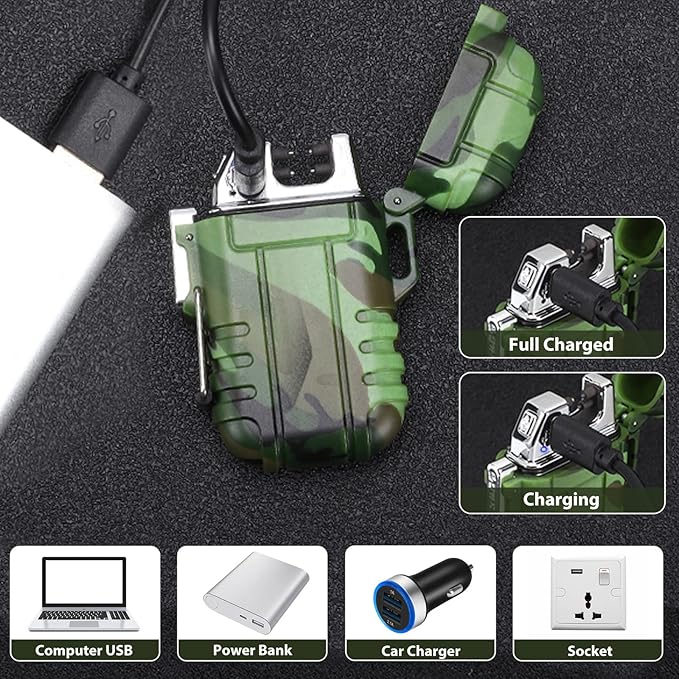 Waterproof Flameless Electric Lighter-Dual Arc Plasma Beam Lighter-USB Rechargeable-Windproof-No Butane-Ideal Lighter for Indoor and Outdoor Activities (Camouflage)