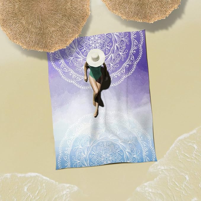 Sunlit Silky Soft 106"x81" Boho Sand Proof Beach Blanket Sand Proof Mat with Corner Pockets and Mesh Bag for Beach Party, Travel, Camping and Outdoor Music Festival, Blue Purple Mandala