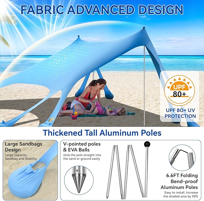Large Beach Canopy UPF80+ Uv Protection Beach Tents Sun Shelter, Beach Shade Canopy with 8 Sandbags, 4 Stability Poles, Sand Shovel Ground Pegs for Outdoor Camping, Picnics (10x10ft, Sky Blue)