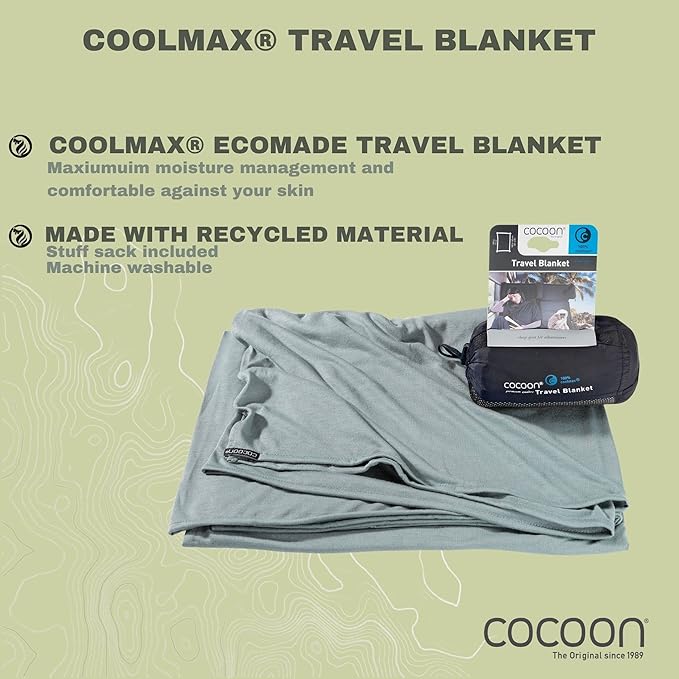 COCOON - Coolmax Travel Blanket | Compact Throw Blanket for Camping and Hiking | Fits in Backpack | Attaches to Luggage | Travel Essential | Fast Drying (Regular 70" x 55")