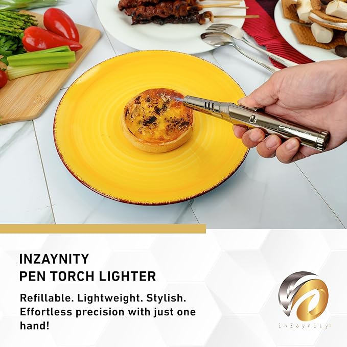 Pen Torch Lighter - Refillable Single Flame Butane Torch Lighter for Candle, & Cooking w/Adjustable Flame & Ignition Lock - Luxurious Handheld Camping Lighter & Gift Box by inZaynity - Black & Steel