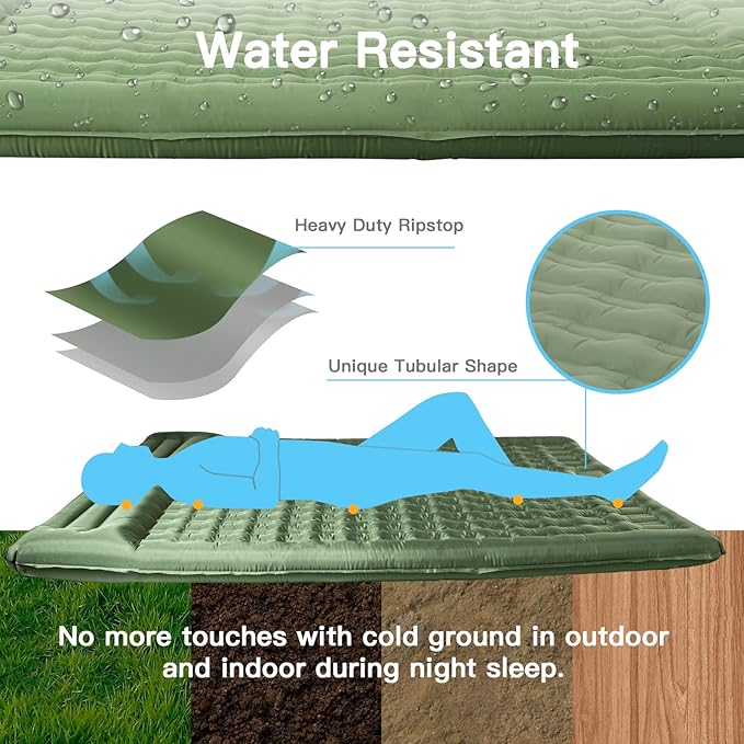 Double Camping Mat, 12cm Thicken Inflatable Double Camping Sleeping Pad for 2 Person Sleeping Mat with Built-in Foot Pump and Pillows for Backpacking,Hiking,Tent,Traveling