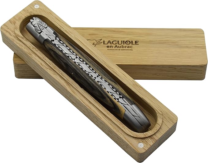 Laguiole en Aubrac Handmade Luxury Double Plated Folding Pocket Knife, 4.8-in (12cm), Royal Ebony Wood Handle, Hand Forged Bee, Stainless Steel Matte Bolsters
