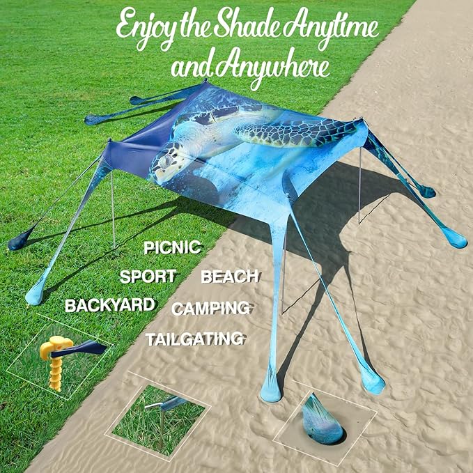Rhino Valley Beach Tent Sun Shelter, Beach Canopy Tent Sun Shade UPF50+ Protection with 8 Sandbags 4 Stability Poles, Outdoor Beach Shade Canopy for Beach, Camping, Fishing