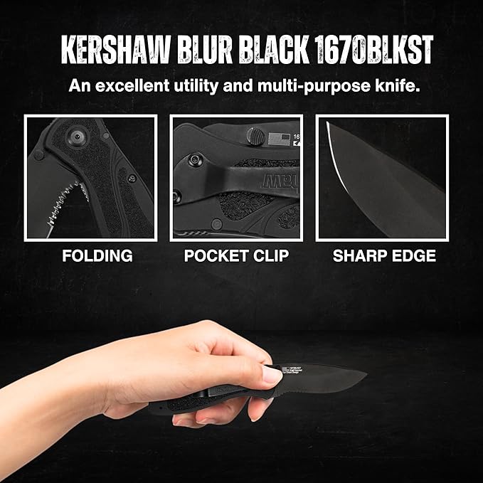 Worldwide Nutrition Bundle: Kershaw Blur Black Serrated Folding Knife - 3.4” 14C28N Steel Blade, Reversible Pocket Clip, EDC - All-Black Body with Trac-Tec Grip - 3.9OZ Pocket Knife for Men