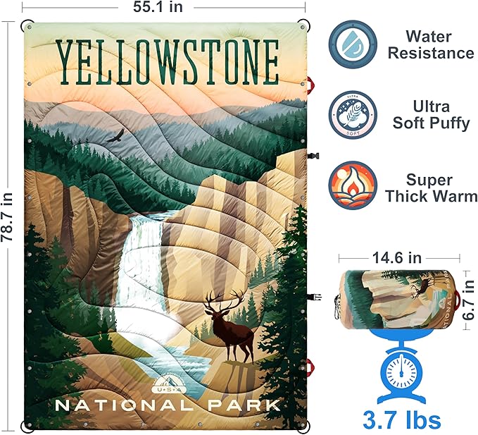Puffy Sherpa Outdoor Camping Blanket for Traveling, Picnics, Beach, Concert, Sporting Events - Wearable, Soft, Warm Waterproof - 55 X 78 (Yellowstone NP)
