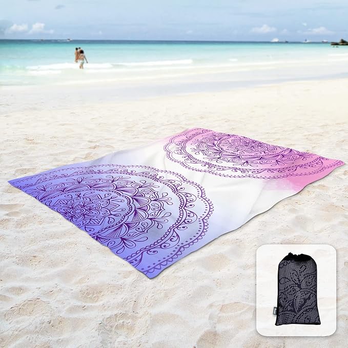 Sunlit Silky Soft 85"x72" Boho Sand Proof Beach Blanket Sand Proof Mat with Corner Pockets and Mesh Bag for Beach Party, Travel, Camping and Outdoor Music Festival, Purple Lines Pink Mandala