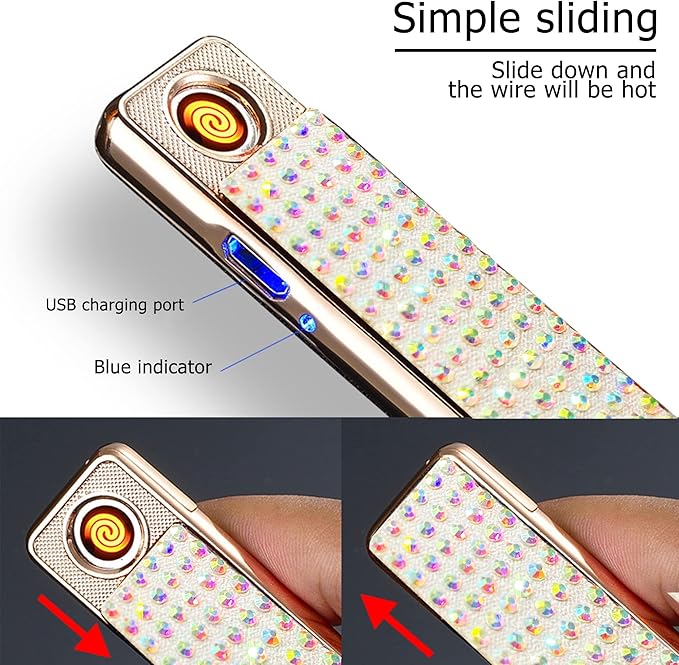 Rhinestone Lighter Electric Lighter Rechargeable Bling Glitter USB Lighter Flameless Girls Lighter for Women (White Multi)