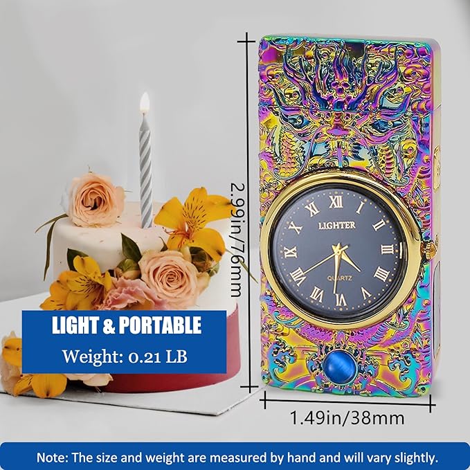 Cool Lighter with Clock Dial Electric Lighter with LED Power Display Plasma Lighter Windproof USB Rechargeable Lighter Gifts for Men Women(ColorsDragon)