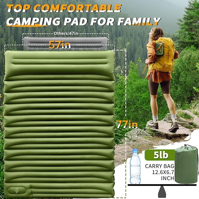 Double Sleeping Pad for Camping, 5"Ultra-Thick Queen Camping Mattress 2 Person with Pillow Built-in Pump, Self Inflating Camping Pad for Backpacking, Hiking, Traveling, Tent, Portable Sleeping Bed
